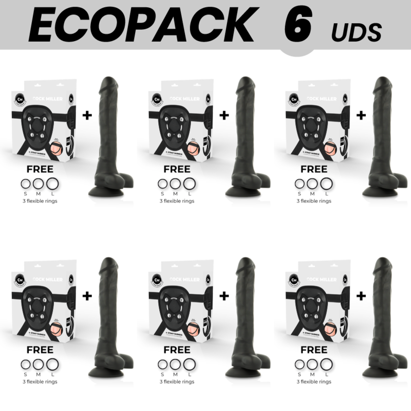 ECOPACK 6 UDS - COCK MILLER ARNES + SILICONA DENSITY ARTICULABLE COCKSIL NEGRO 24 CM