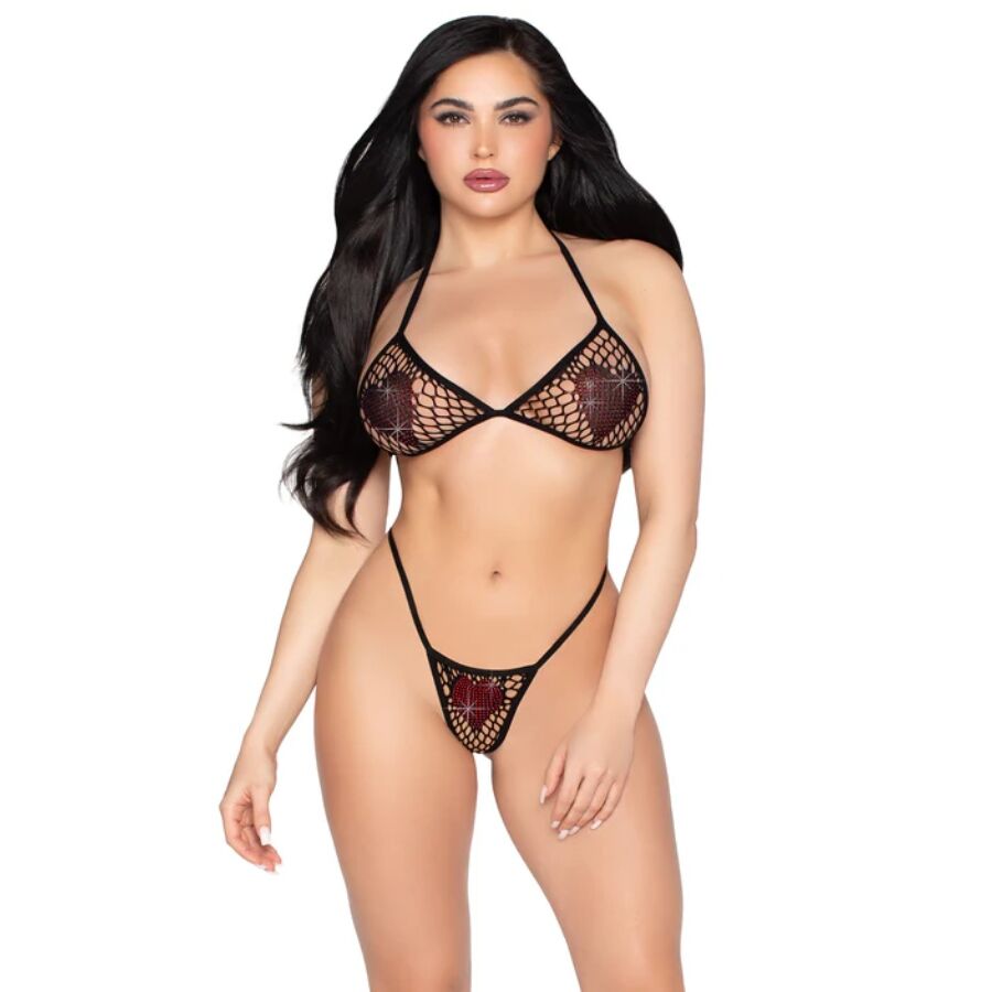 TOP DE BRA DE RED Y PANTY G-STRING NEGRO - TALLA ÚNICA